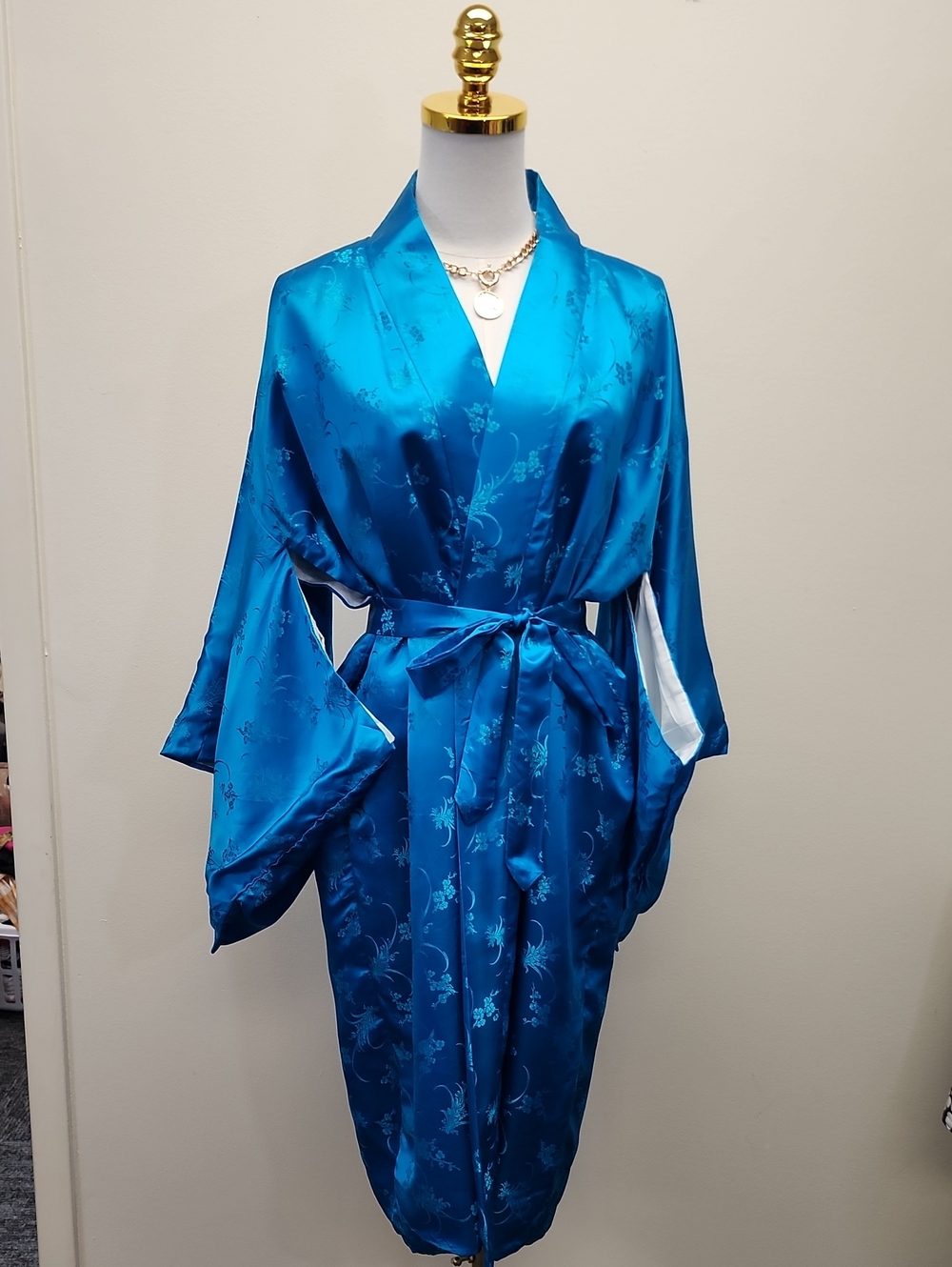 Blue Satin Floral Kimono Robe One Size